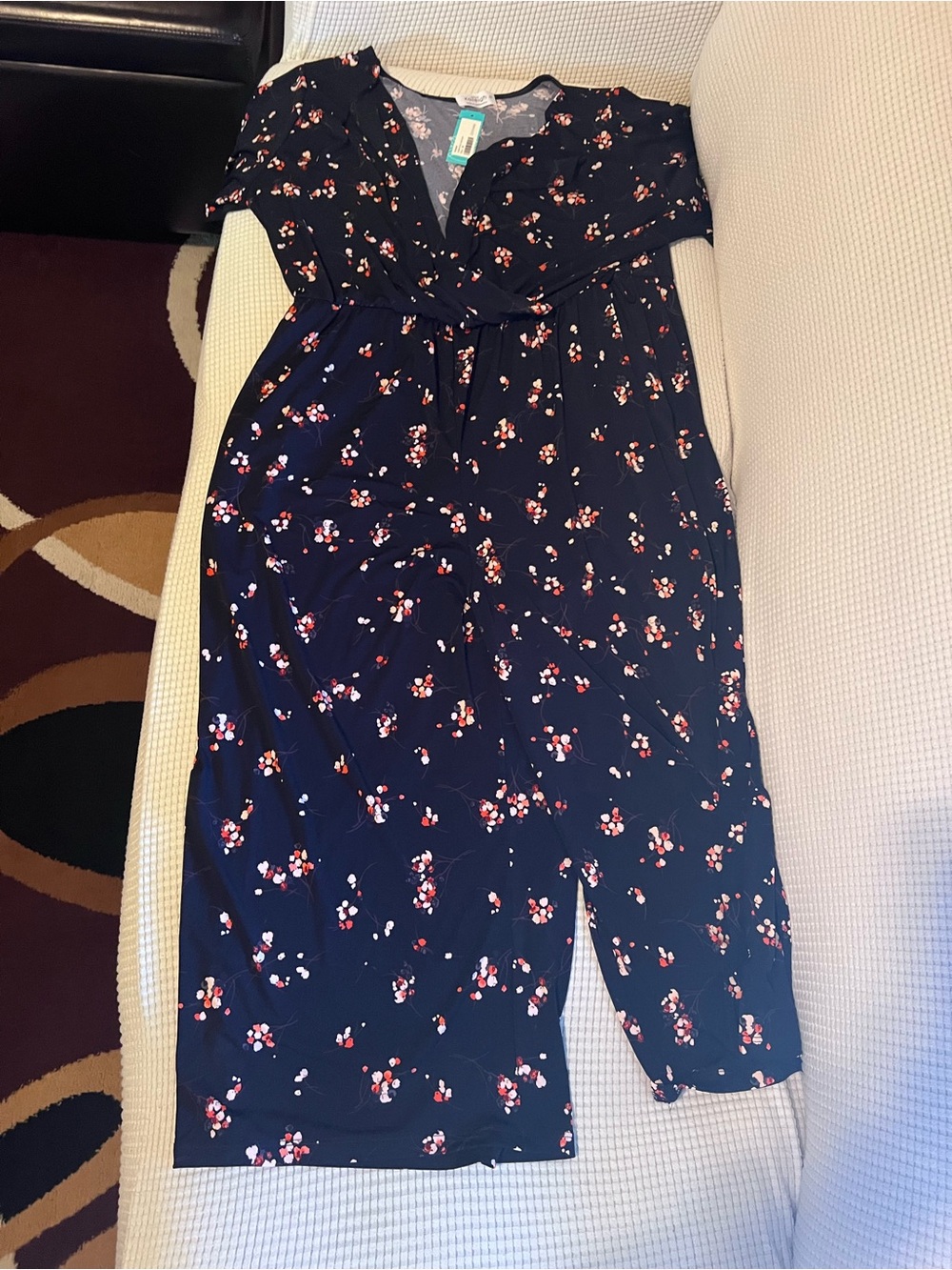 Floral V-Neck Navy Jumpsuit with Short Sleeves